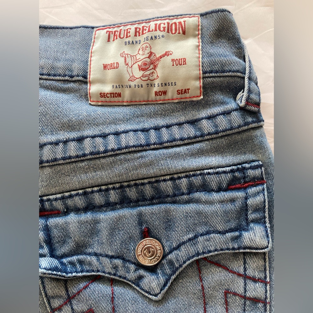 True Religion SuperT Straight Leg World Tour Jeans Thick Red Contrast Stitch 29w